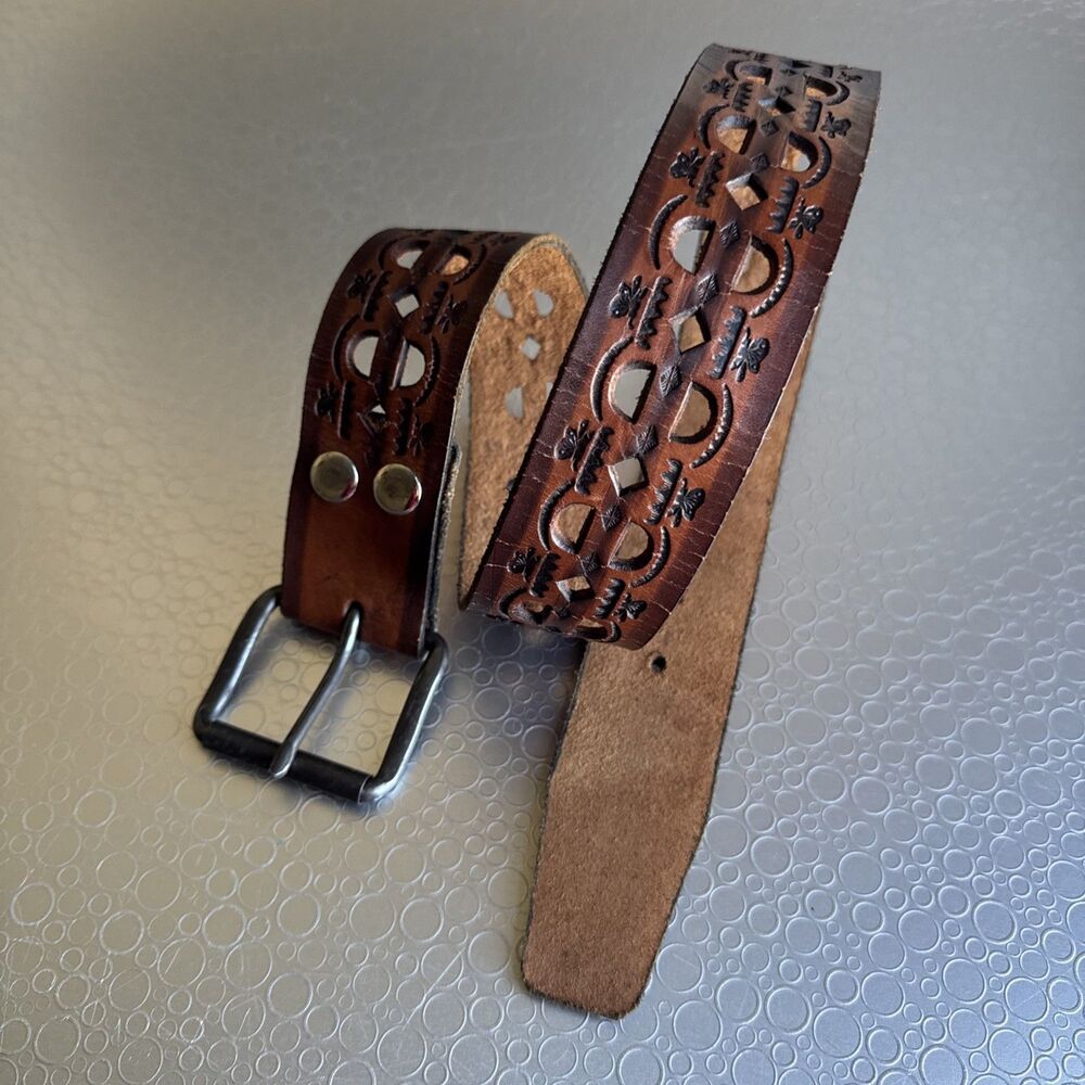 Vintage Tooled Leather Laser Cut Out Belt Geometric Interchangeable - Size 34